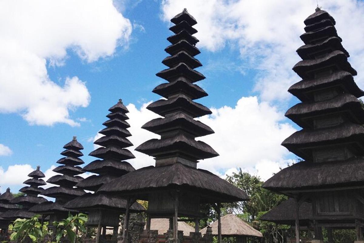 Un grupo de altas estructuras de pagoda con un cielo al fondo.