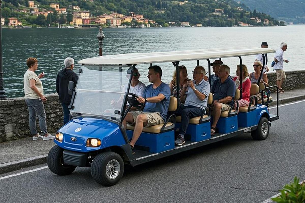 a group of people riding in a golf cart