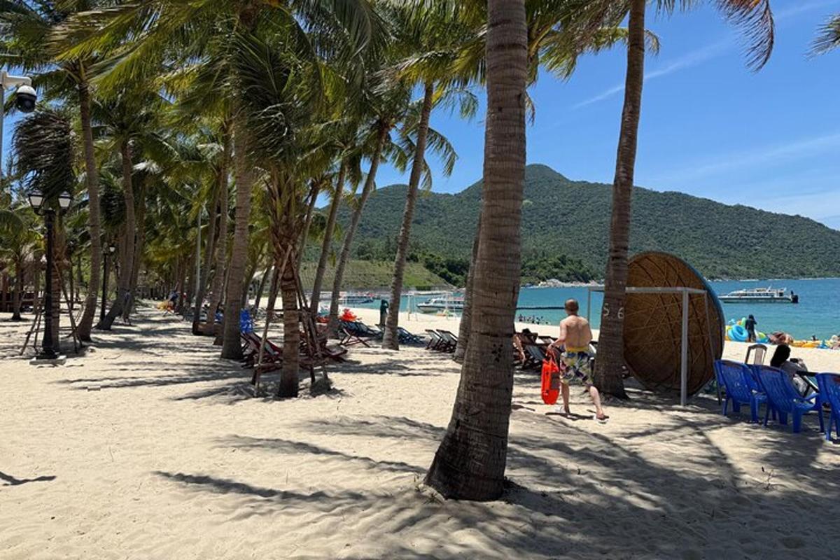 moški, ki hodi po plaži s palmami