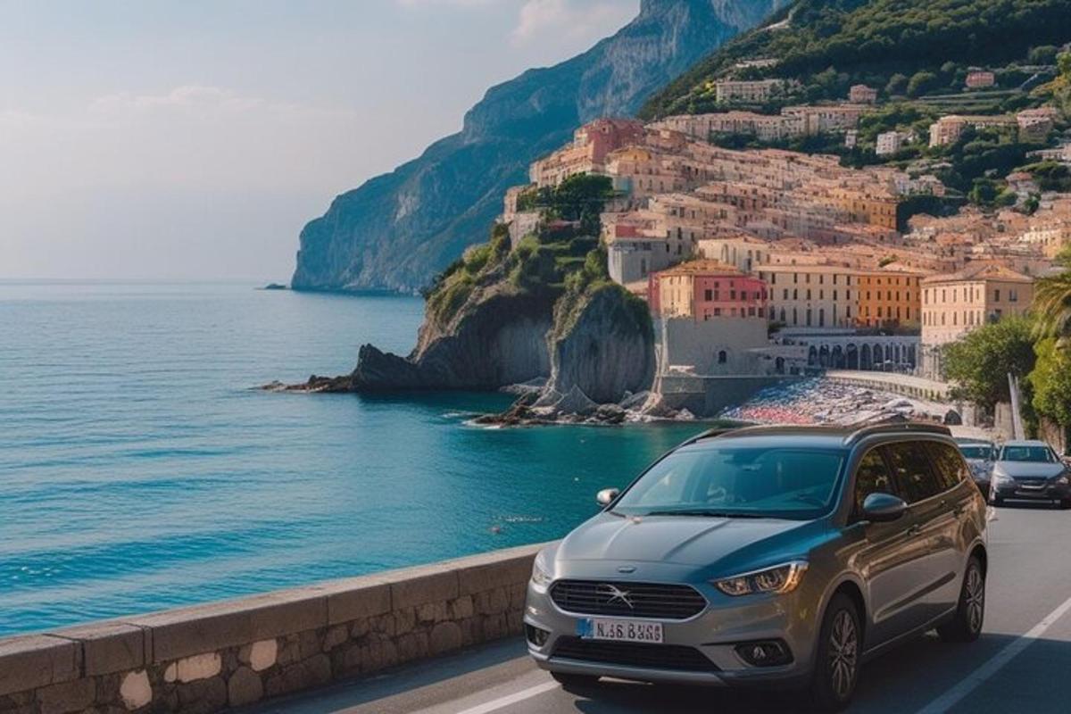 auto jedoucí po silnici u oceánu