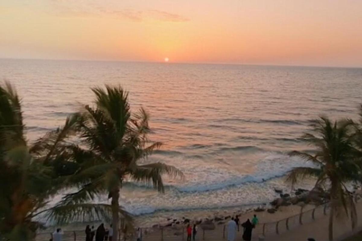sončni zahod na plaži s palmami in oceanom