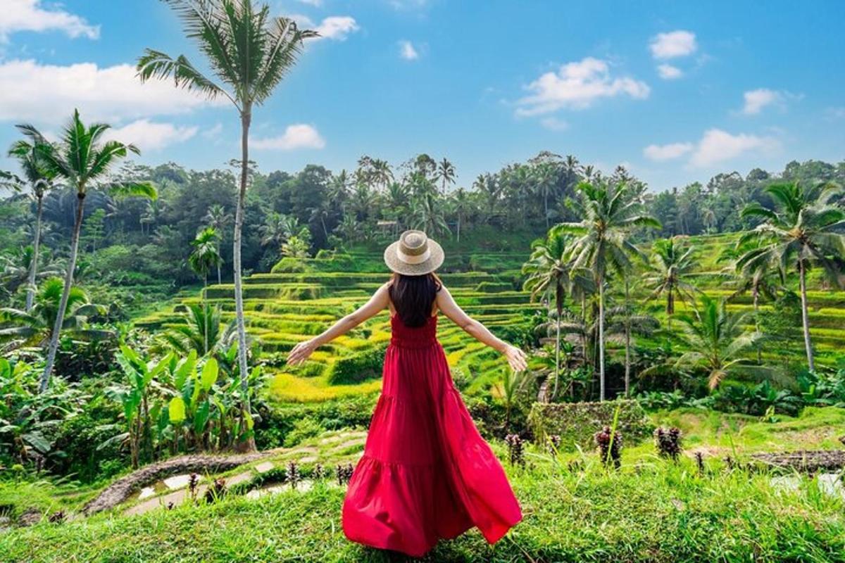 uma mulher de vestido vermelho olhando para um campo de arroz