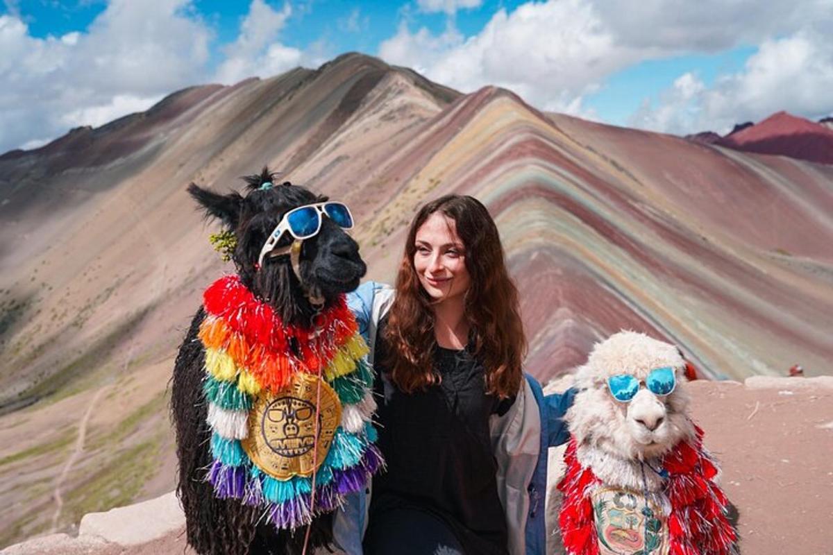 一位女士站在山前的两只贵宾犬旁边