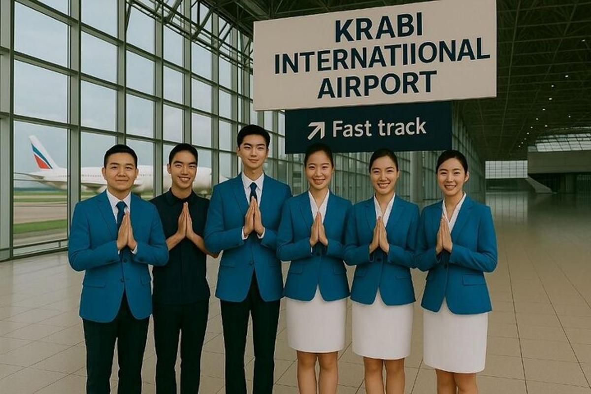 een groep mensen in pak en stropdas op een luchthaven