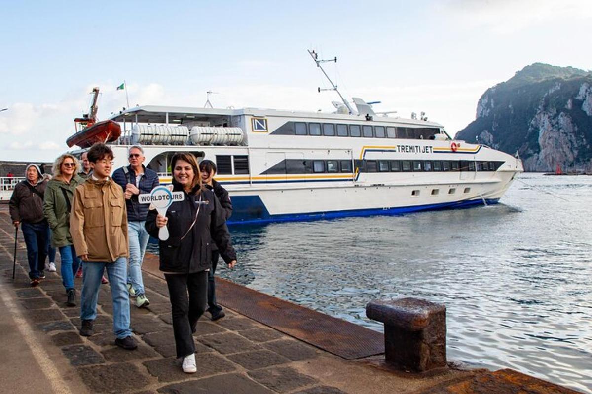 a group of people walking on a dock with a boat