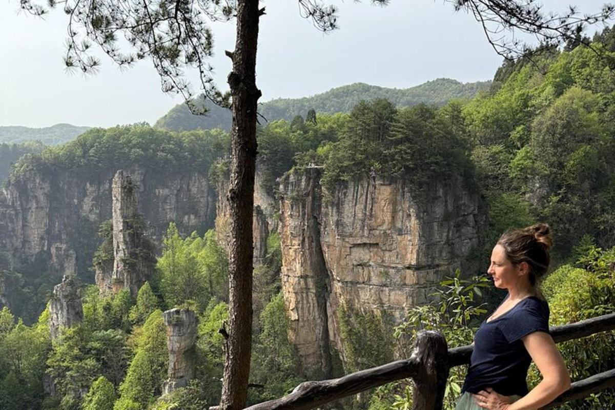 žena sedící na plotě a dívající se na hory