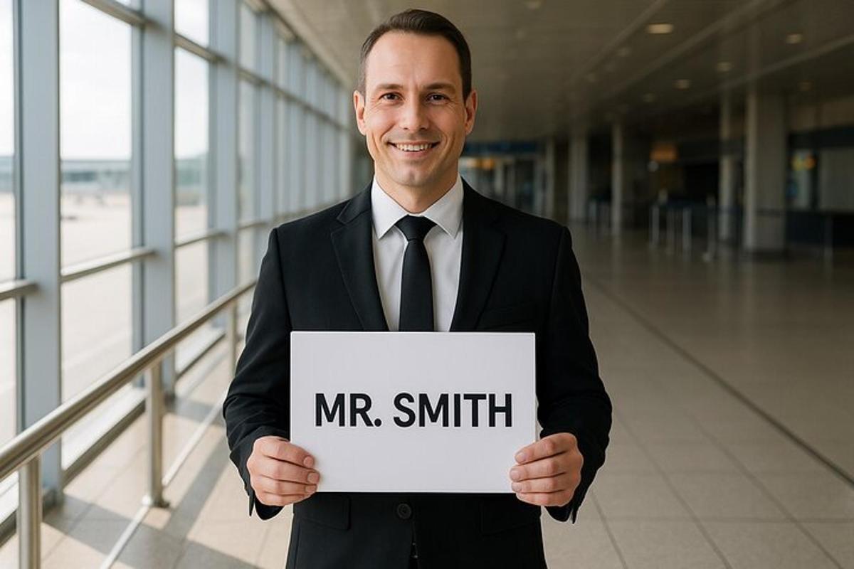 un home amb vestit que sosté un cartell del Sr. Smith
