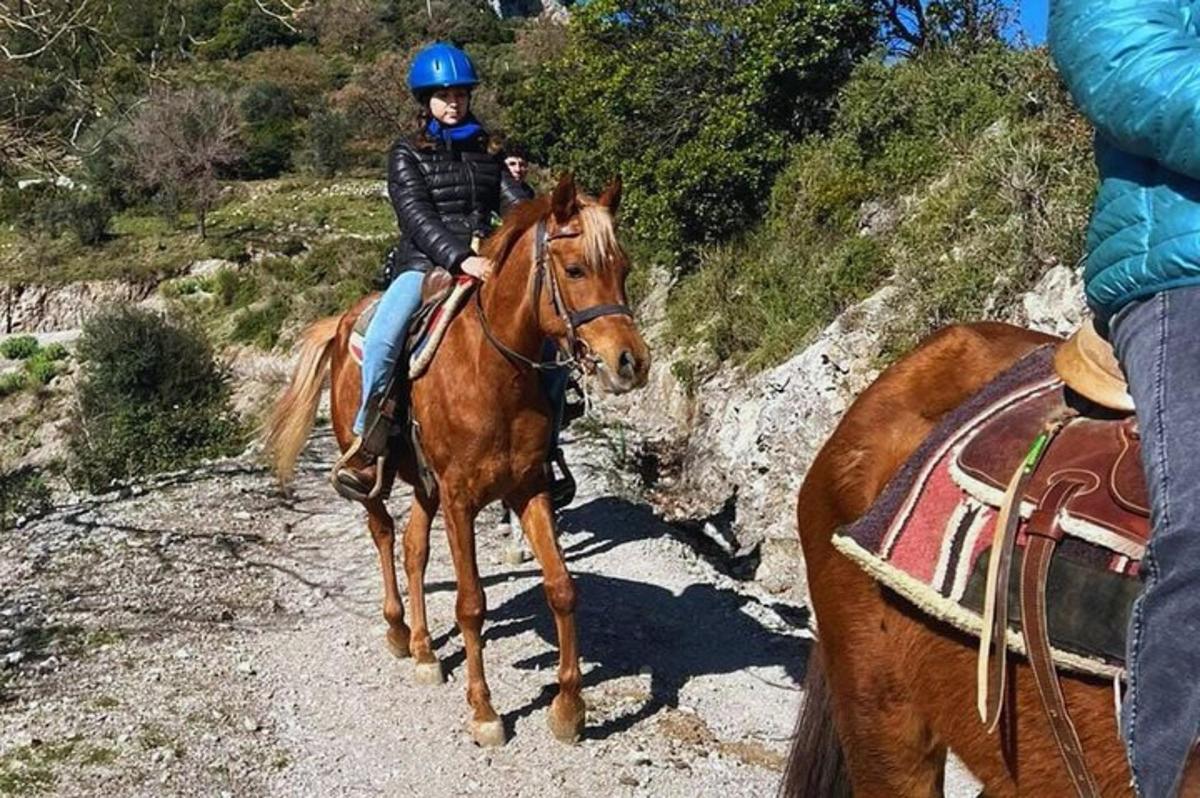 ένα άτομο που ιππεύει άλογο σε ένα μονοπάτι