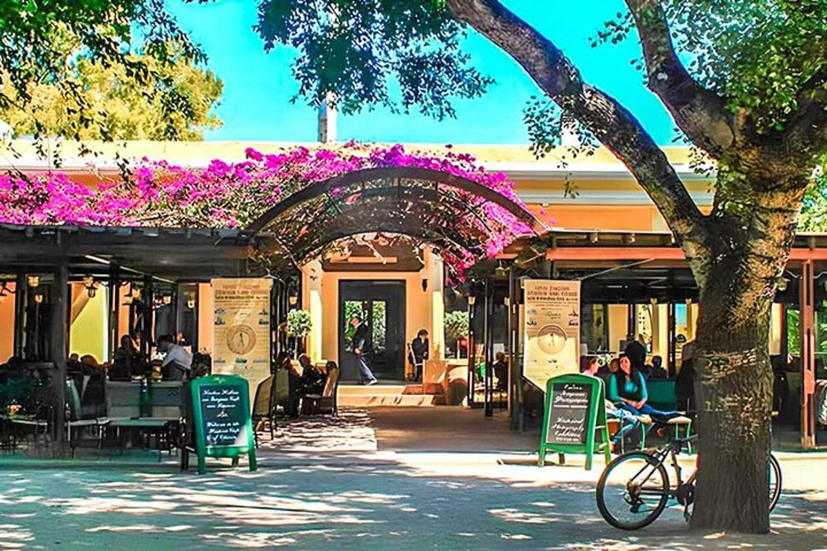 una bicicleta aparcada davant d'un edifici amb flors morades