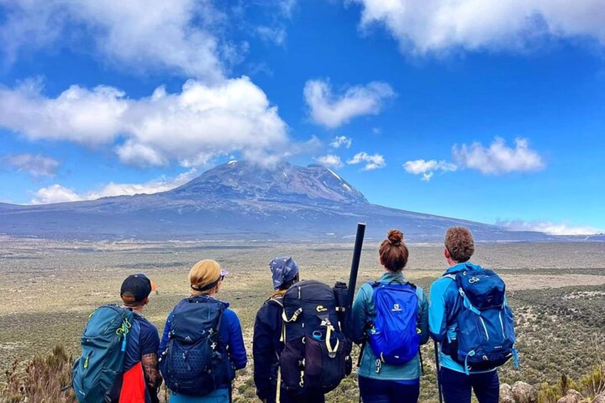 a group of people looking at a mountain