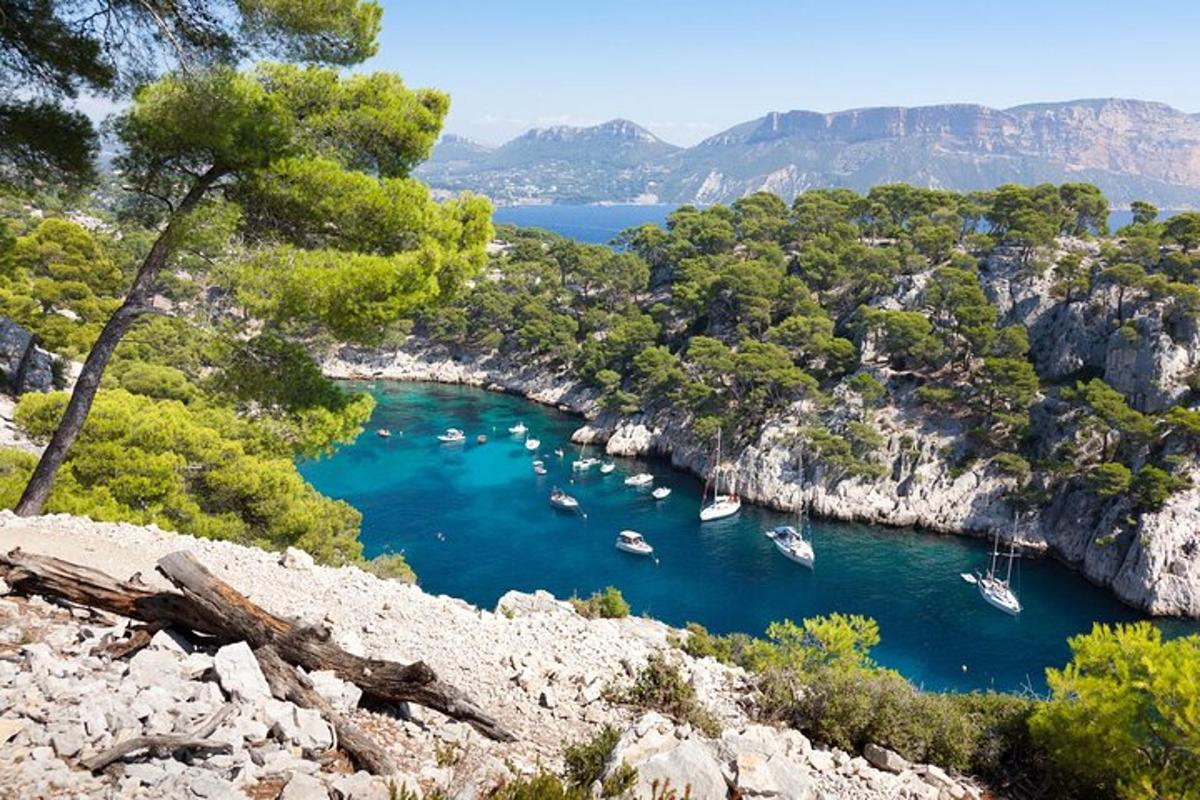 una vista di una baia con barche in acqua