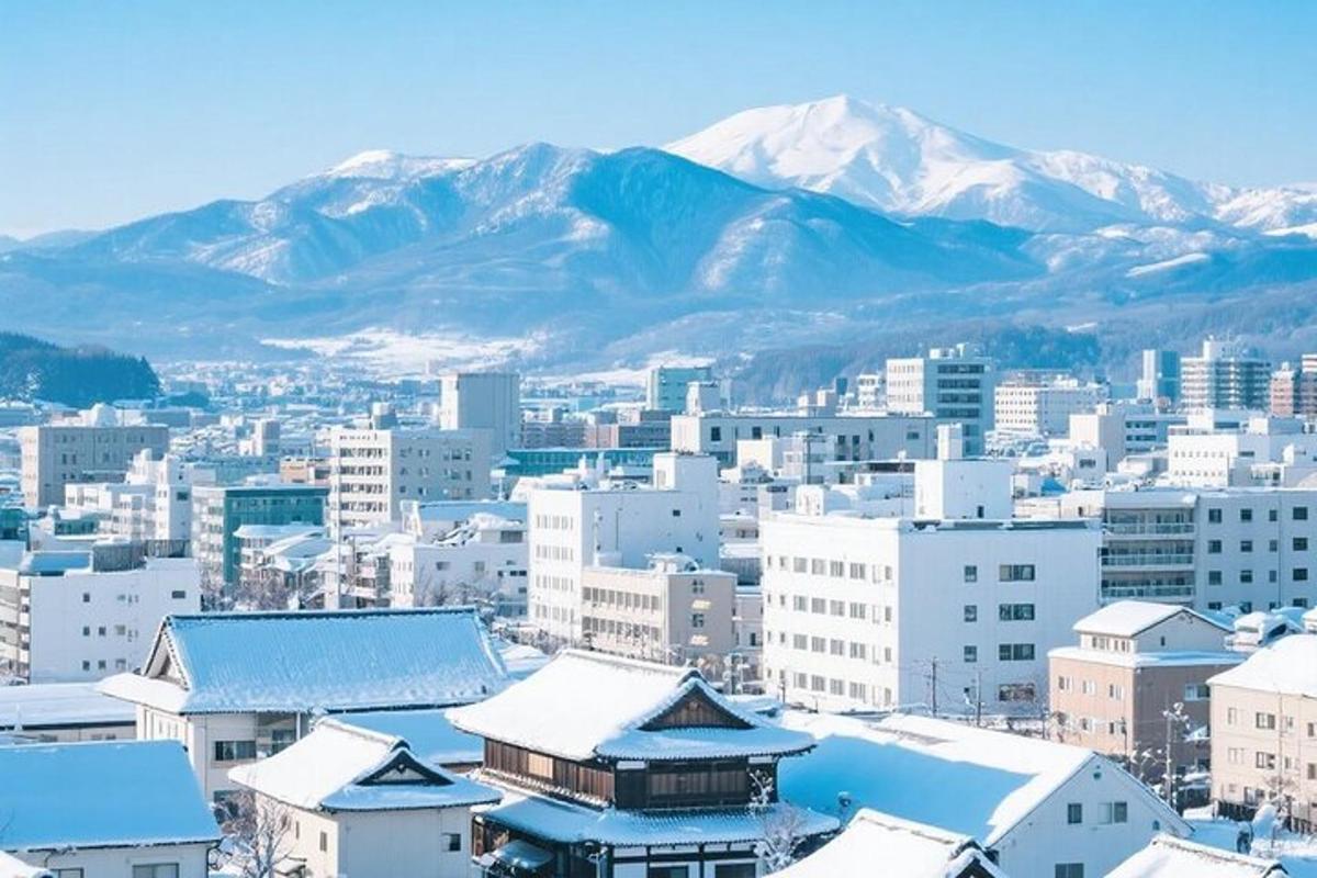 a city with snow covered buildings in front of mountains