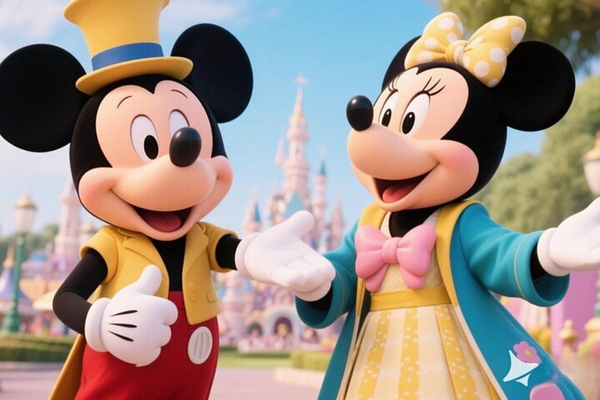 dua watak kartun mickey di hadapan istana disney
