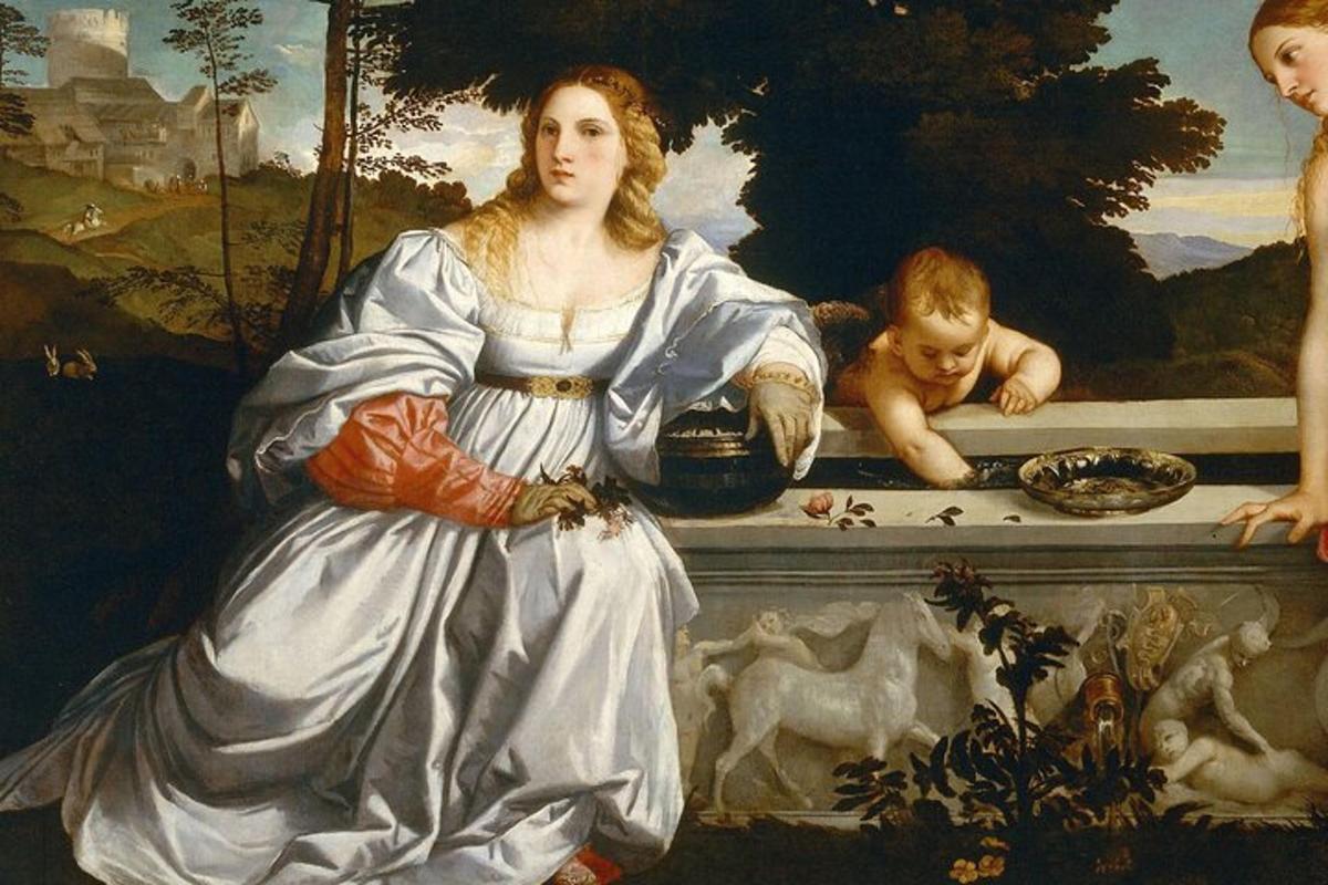 a painting of a woman in a white dress with a child