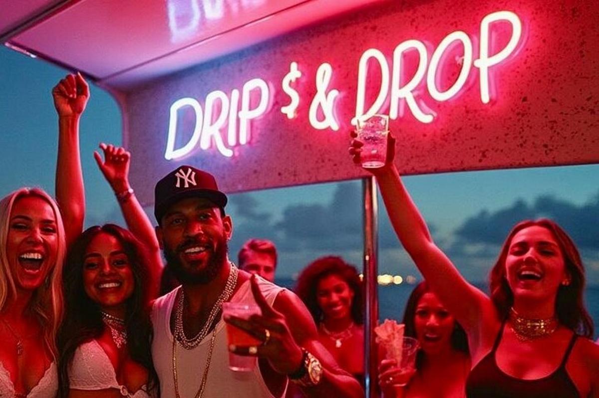 một nhóm người đứng trước một biển hiệu neon