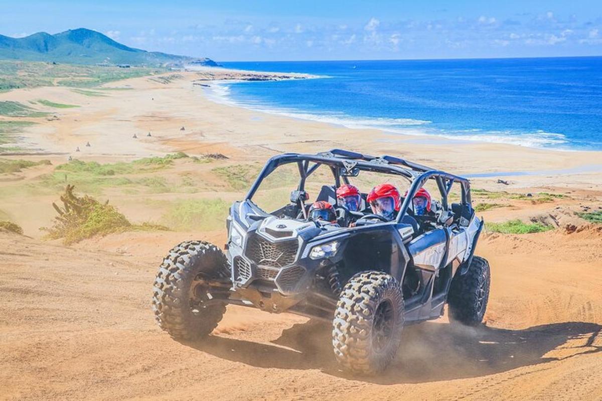 isang tao sa isang four wheeler na nagmamaneho sa isang beach