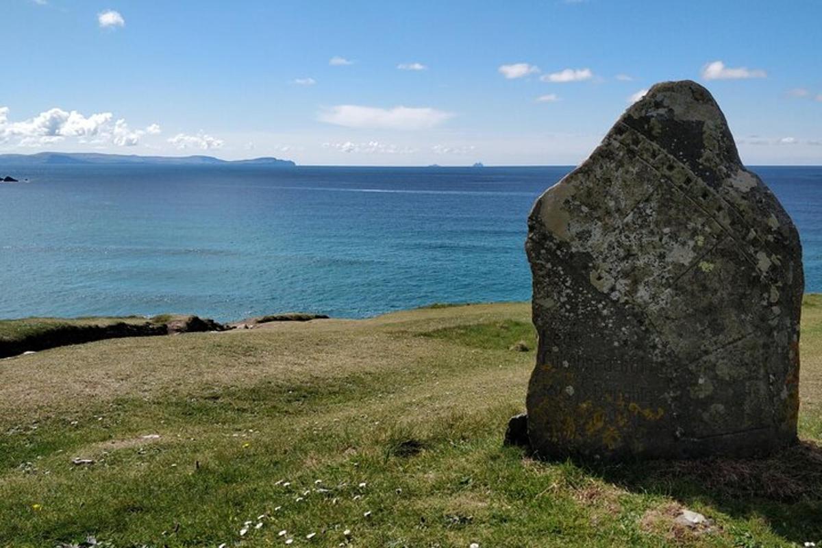 a rock sitting on top of a field with the ocean
