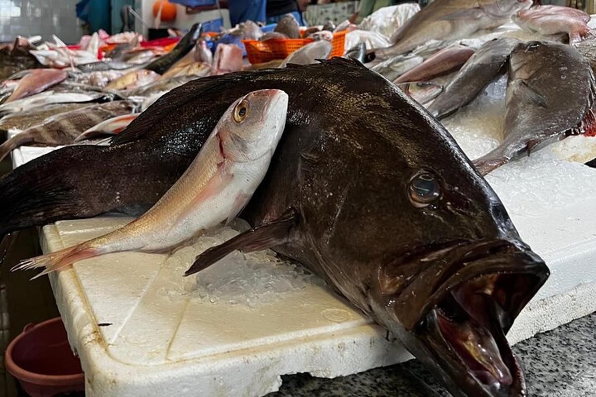 um peixe grande em uma mesa com outros peixes