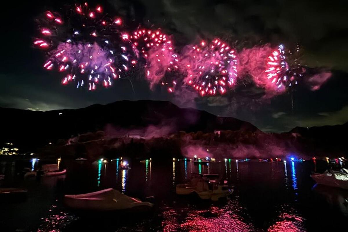 a firework display in the sky over a body of water