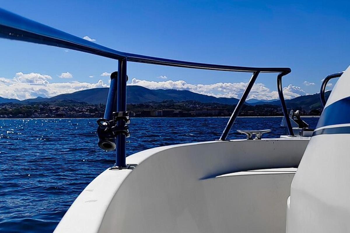 Un barco en el agua con montañas al fondo