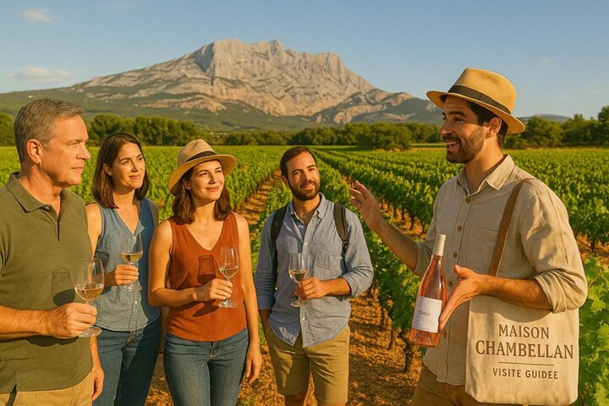un grup de oameni care stăteau într-o vie ținând în mână pahare de vin