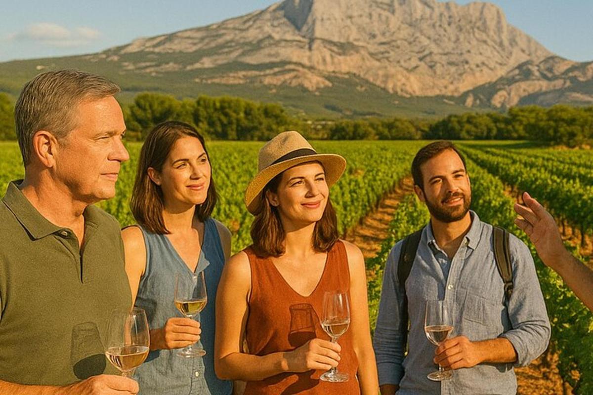 un grup de oameni care stăteau într-o vie ținând în mână pahare de vin