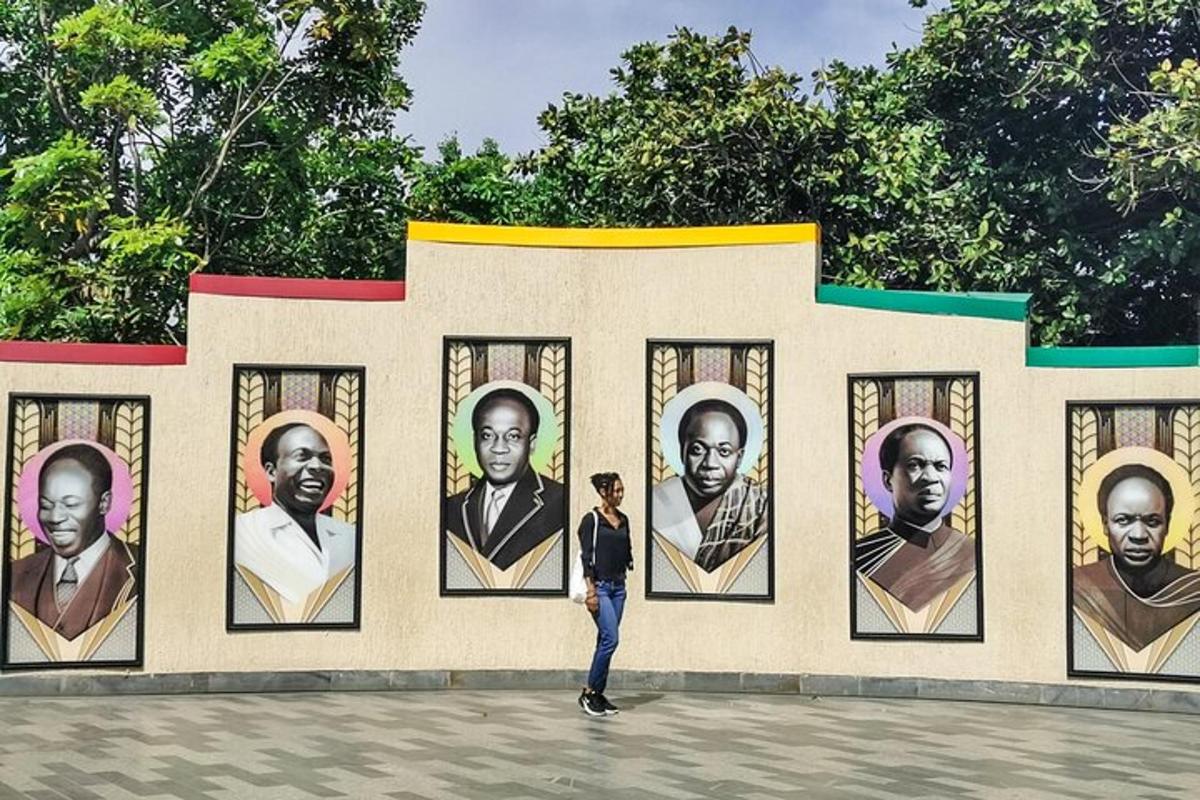 a woman standing in front of a wall with portraits of presidents
