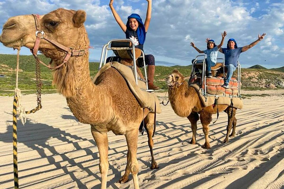 eine Gruppe von Menschen reitet auf einem Kamel am Strand