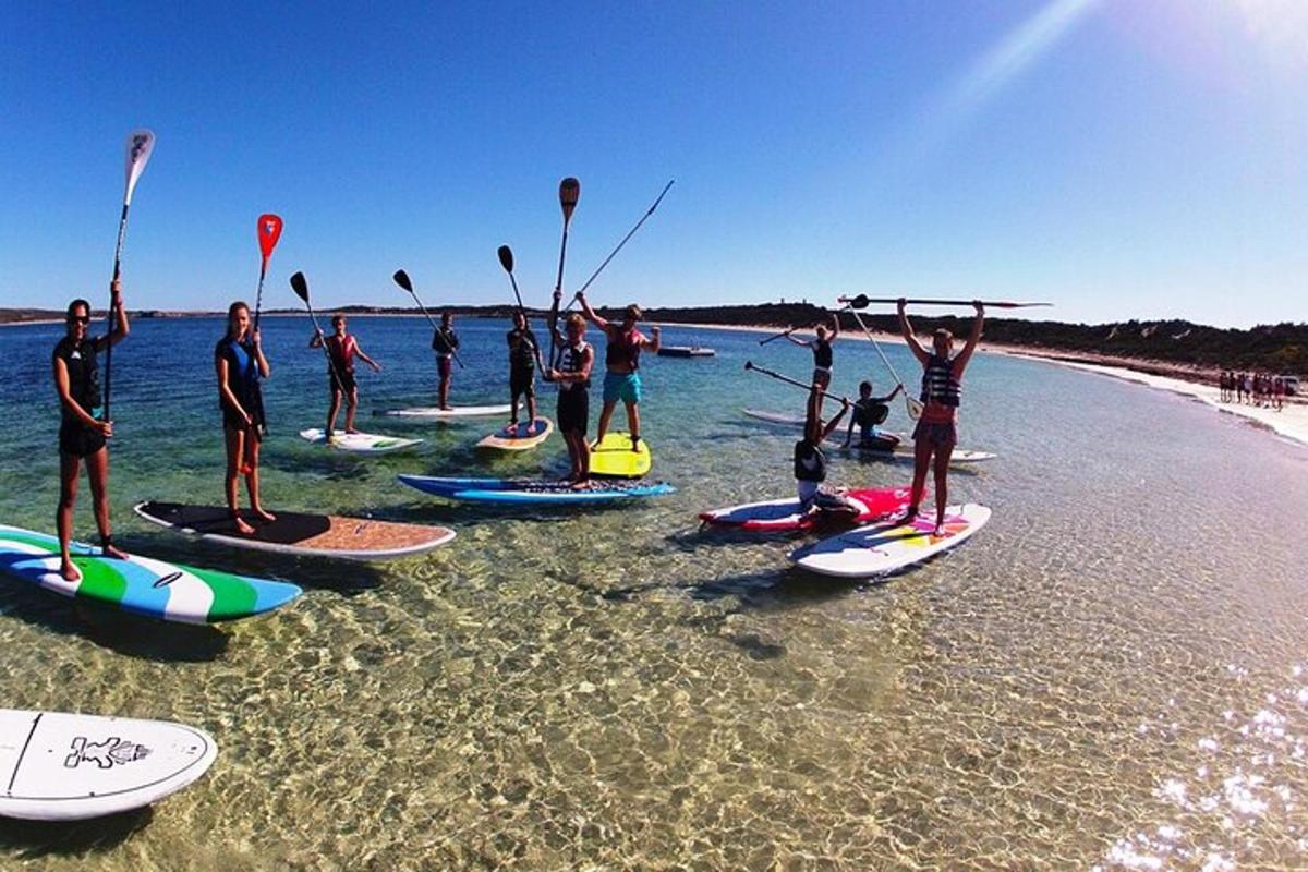 un gruppo di persone in piedi sulle tavole da surf sulla spiaggia