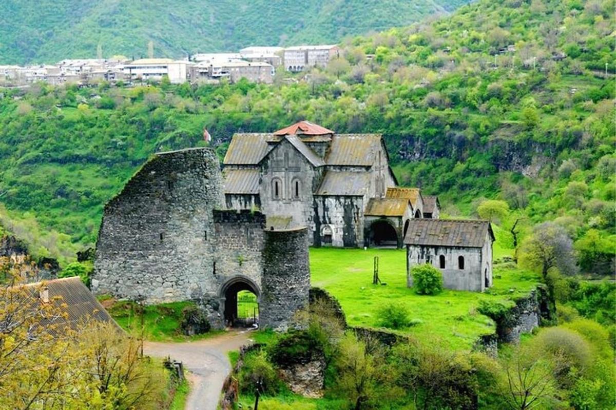 un vecchio edificio su un campo verde con una montagna