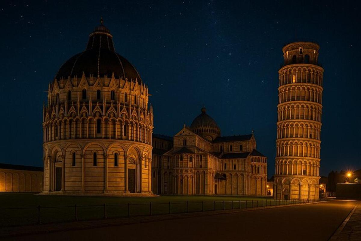 una cattedrale e una torre pendente di notte