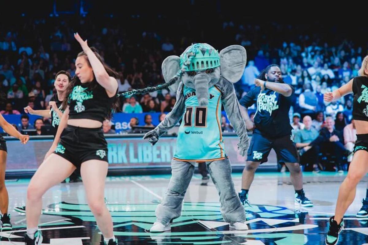 a group of performers in elephant costumes on a court