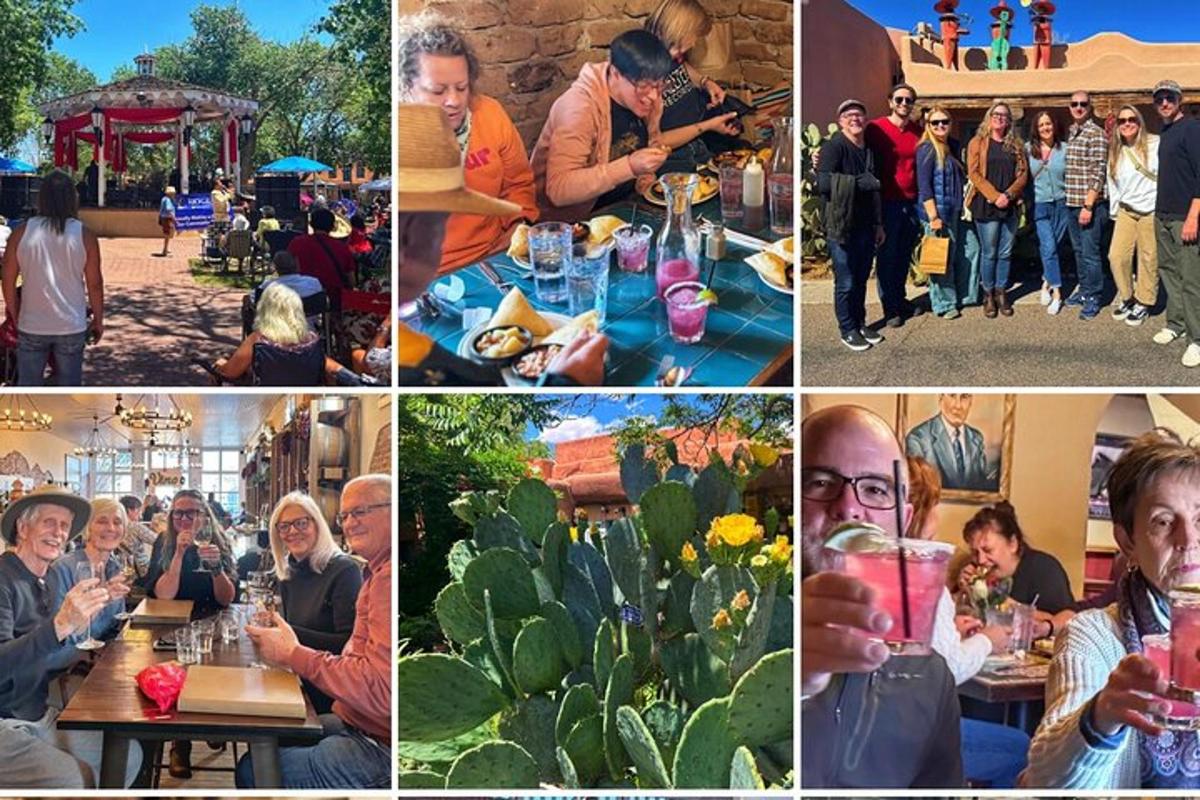 a collage of photos of people sitting at tables with drinks