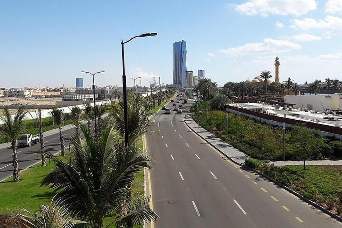 an empty highway in a city with palm trees and buildings