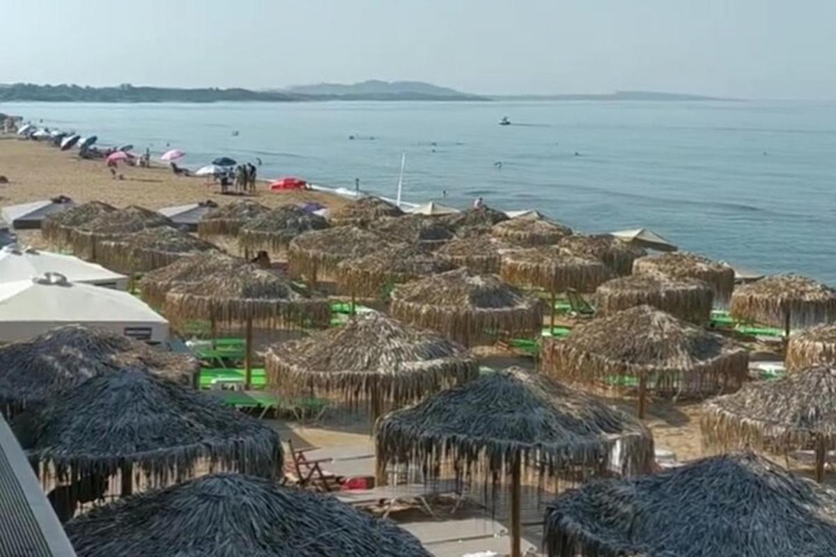 pláž s množstvím slaměných slunečníků a oceánem