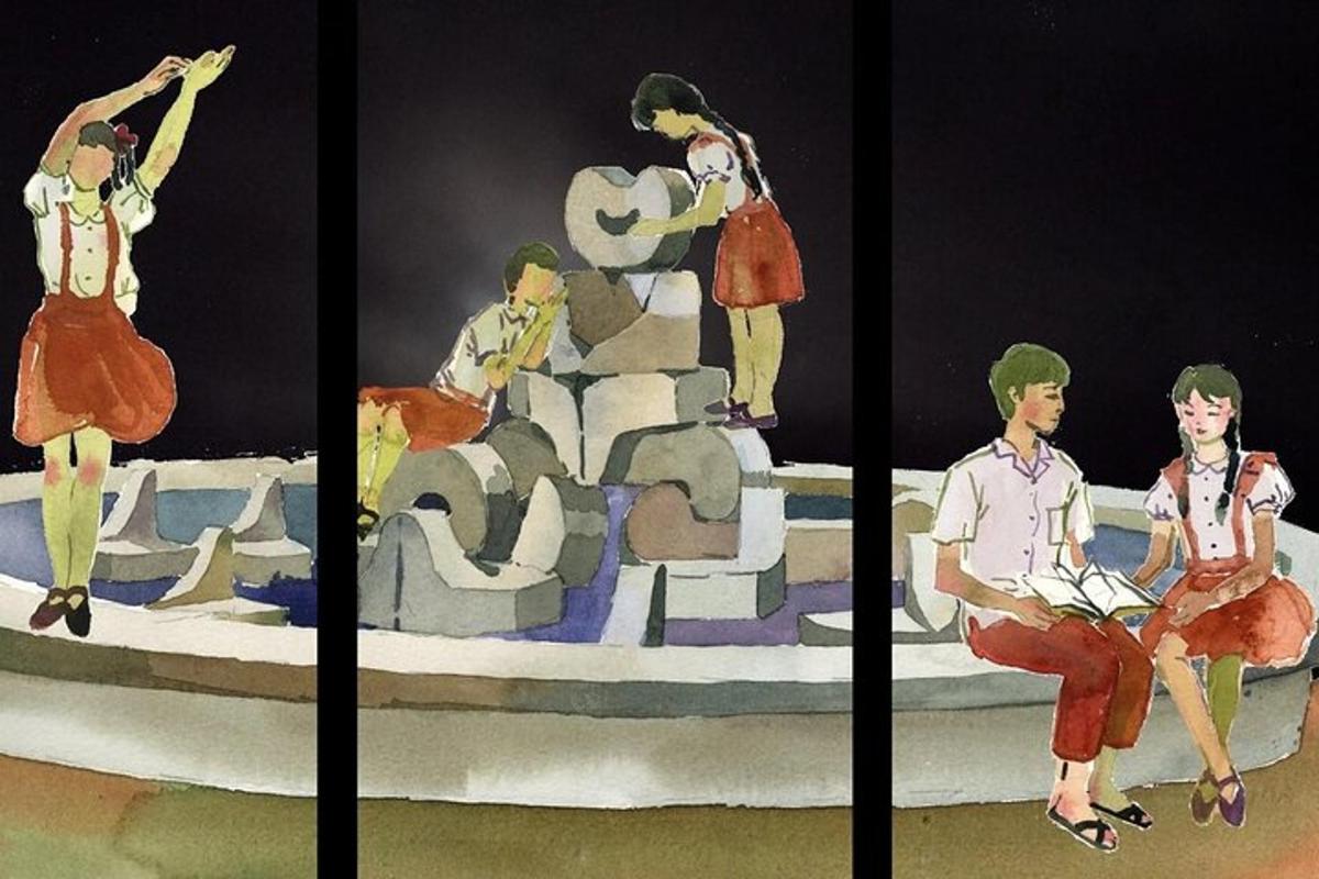 a painting of a group of people on a stage
