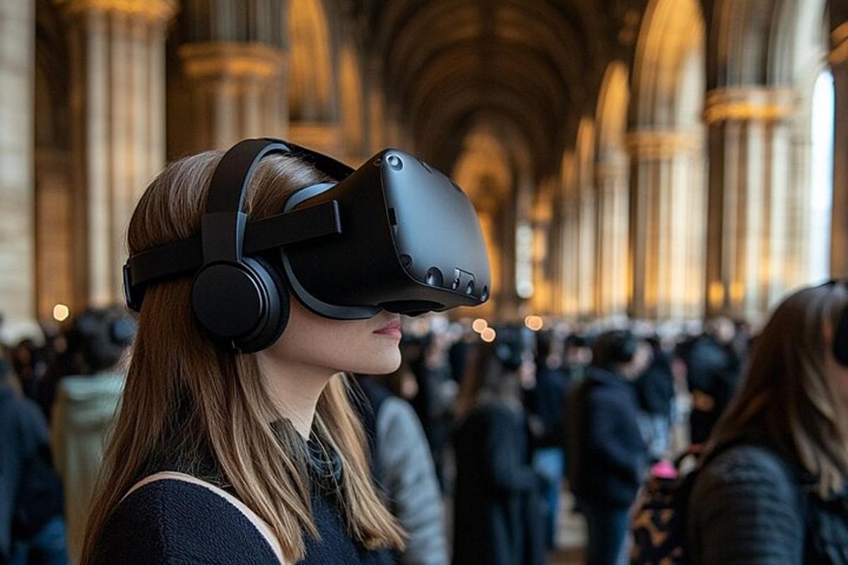 uma mulher usando um fone de ouvido de realidade virtual em uma multidão de pessoas