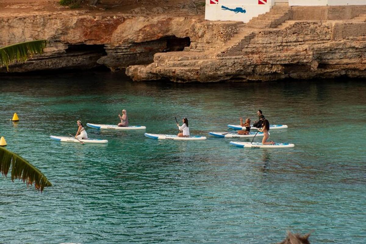 un gruppo di persone sedute su tavole da surf in acqua