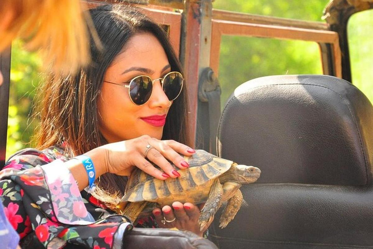 Una mujer sosteniendo una tortuga en un vehículo.