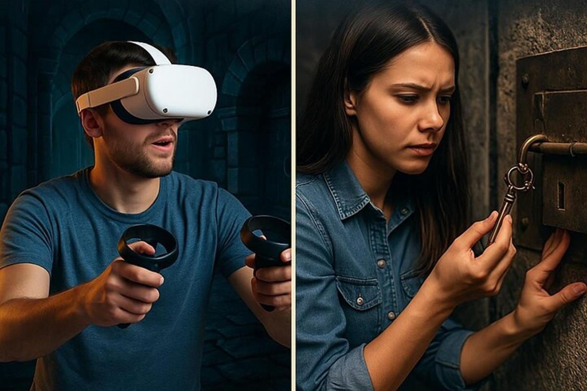 un home amb ulleres de realitat virtual i una dona amb unes tisores a la mà