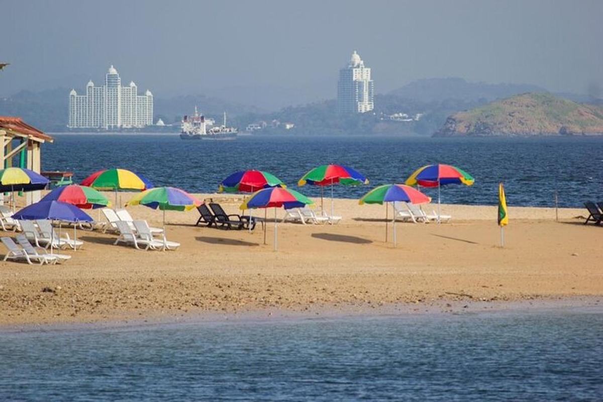 một bãi biển có ghế và ô đầy màu sắc trên đó