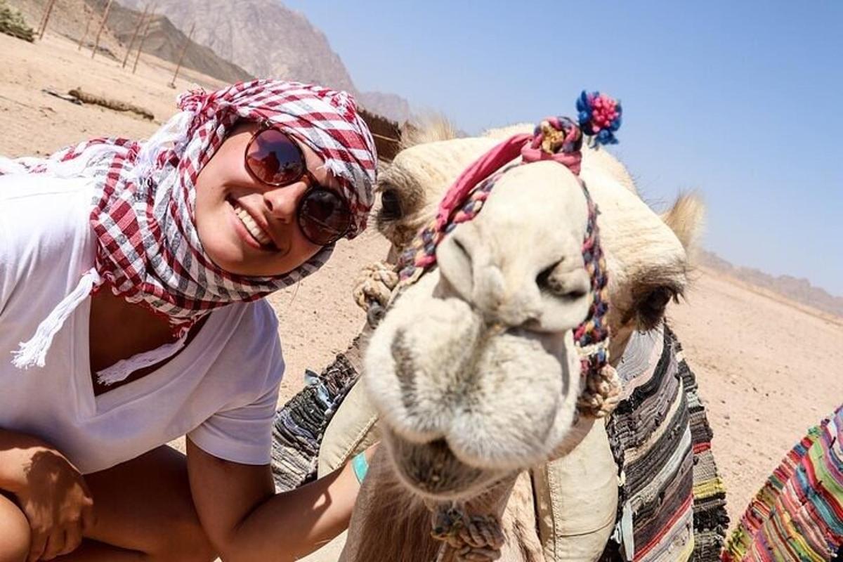una mujer con un camello en el desierto