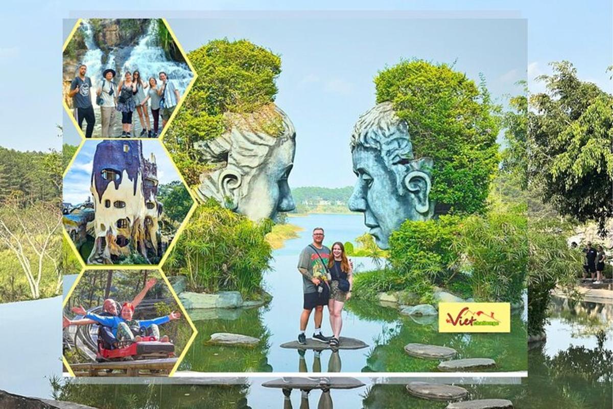 a collage of photos of people standing in front of a painting