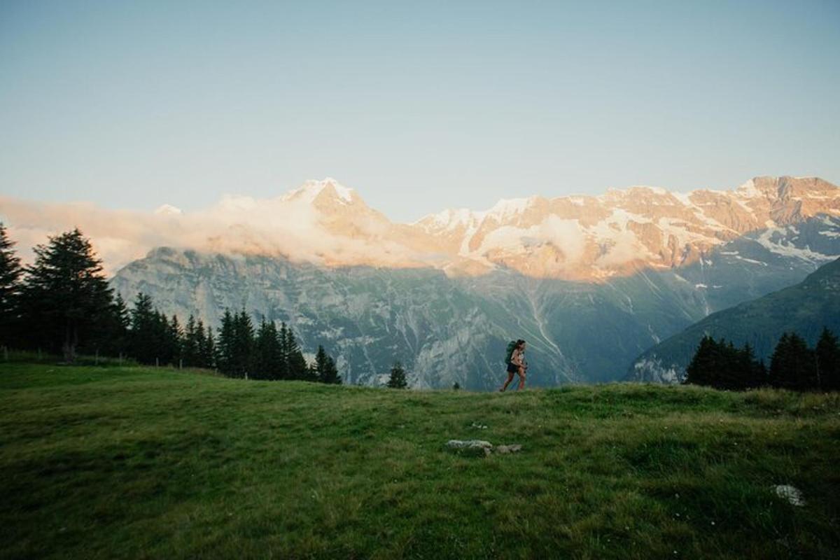 a person walking on a grassy hill with mountains in the background