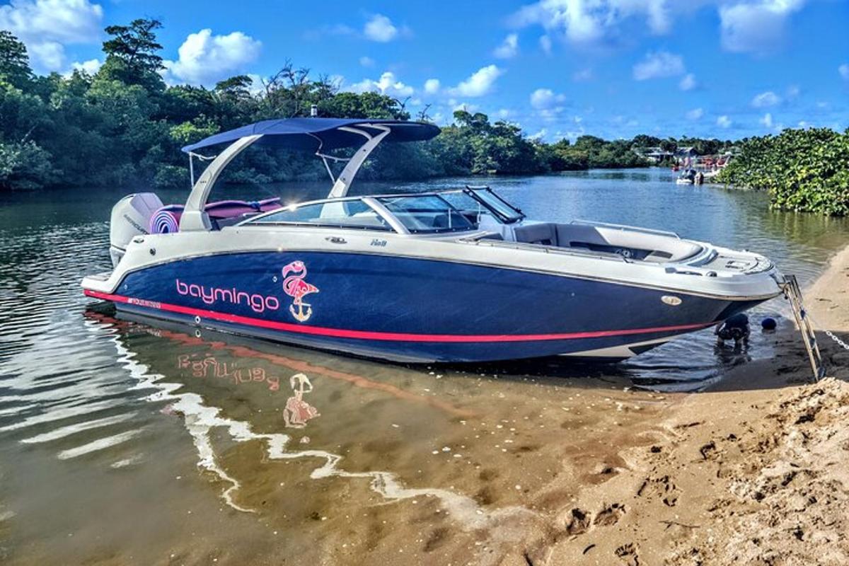 una barca blu e bianca seduta sull'acqua