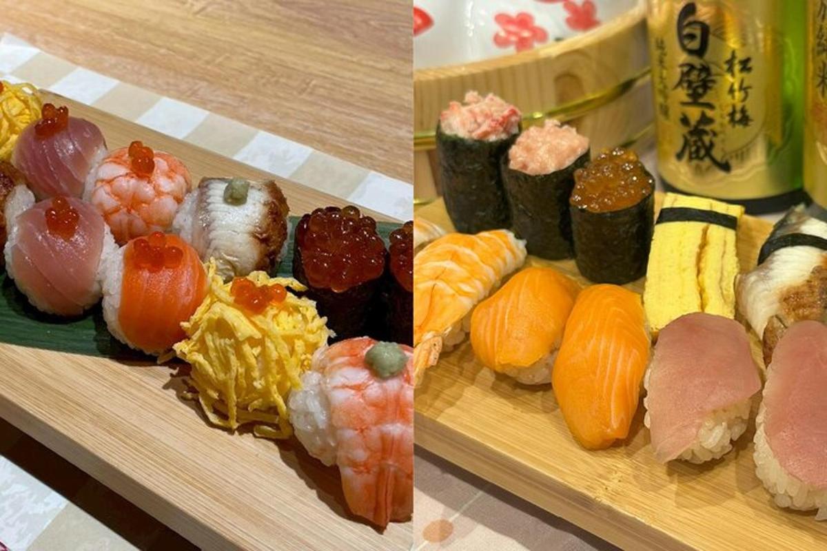 duas fotos de sushi em uma tábua de corte