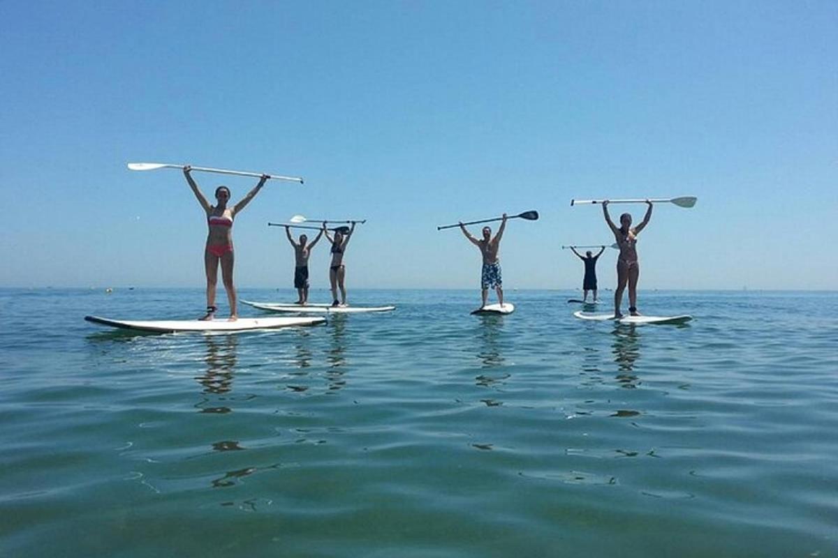 um grupo de pessoas em pé em pranchas de surfe na água