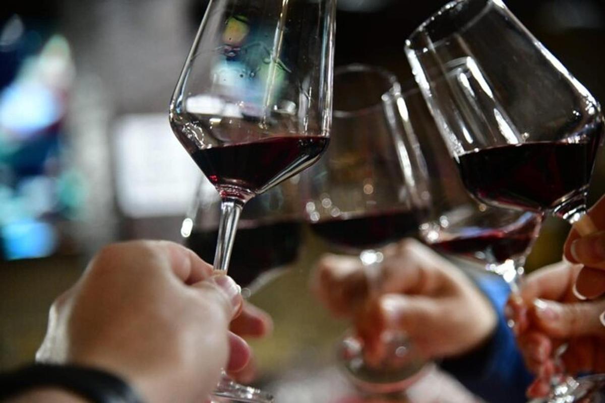 two people holding up glasses of red wine