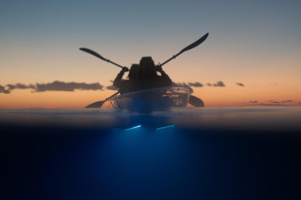 una barca nell'oceano con il tramonto sullo sfondo