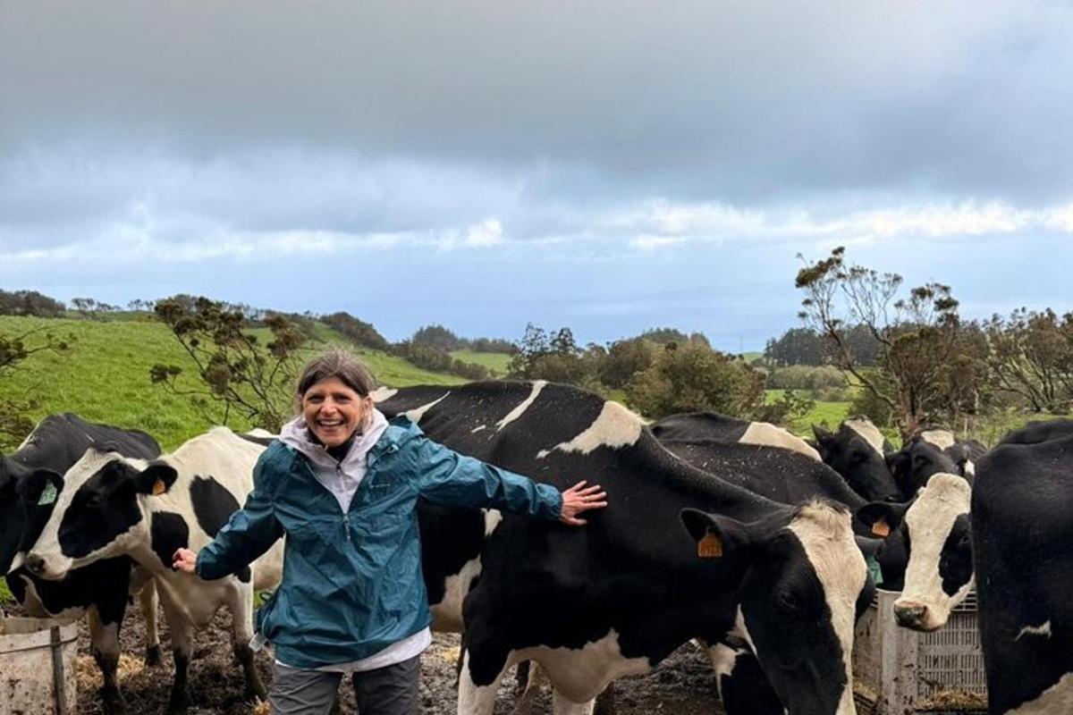 a woman standing in front of a herd of cows